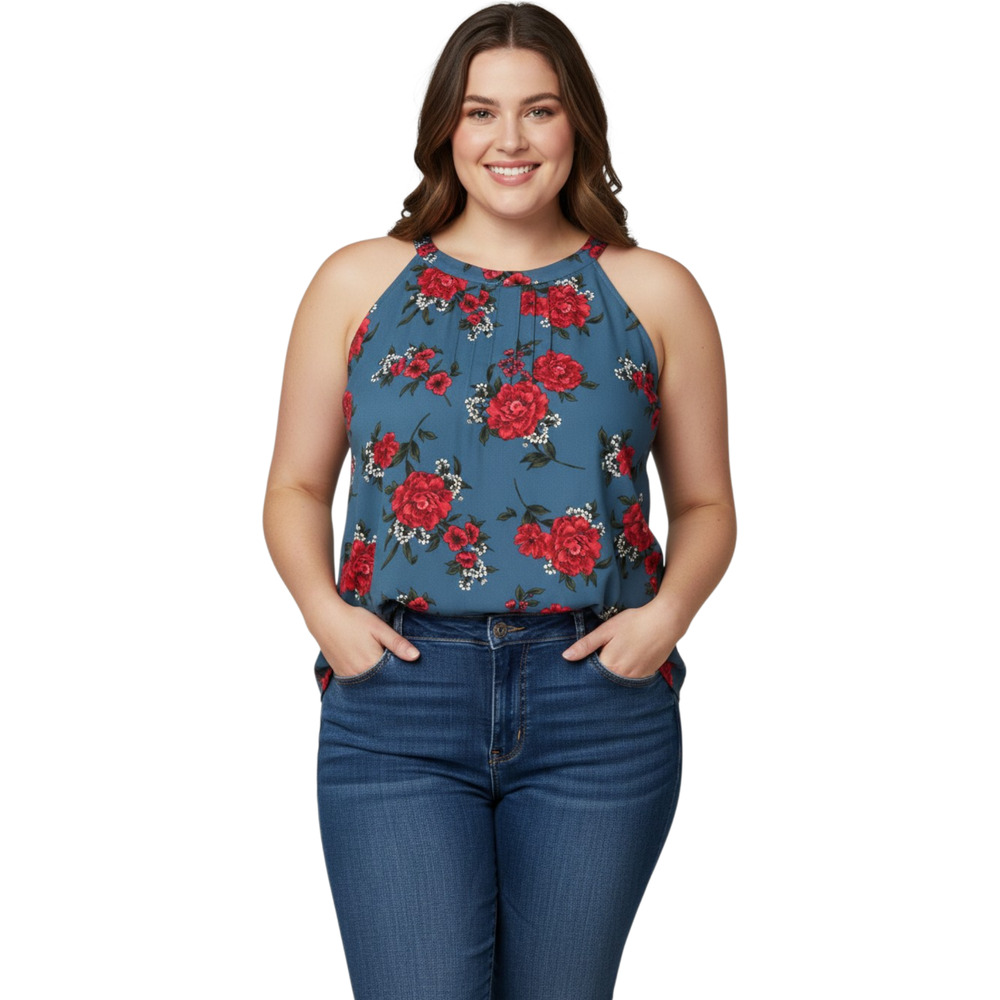 Torrid Floral Sleeveless Blouse Womens 3X 22/24 Blue Red Keyhole Back Polyester
